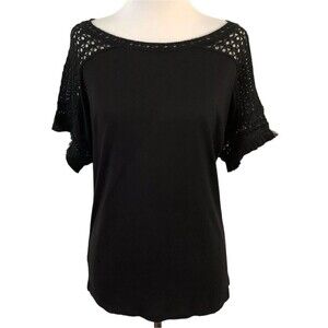 Ann Taylor Loft Shirt Womens Sz XXL Crochet Dolman Tee Black Soft Rayon Fringe